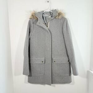 J. Crew Gray Wool Blend Faux Fur Trim Hooded Parka Coat Size 0